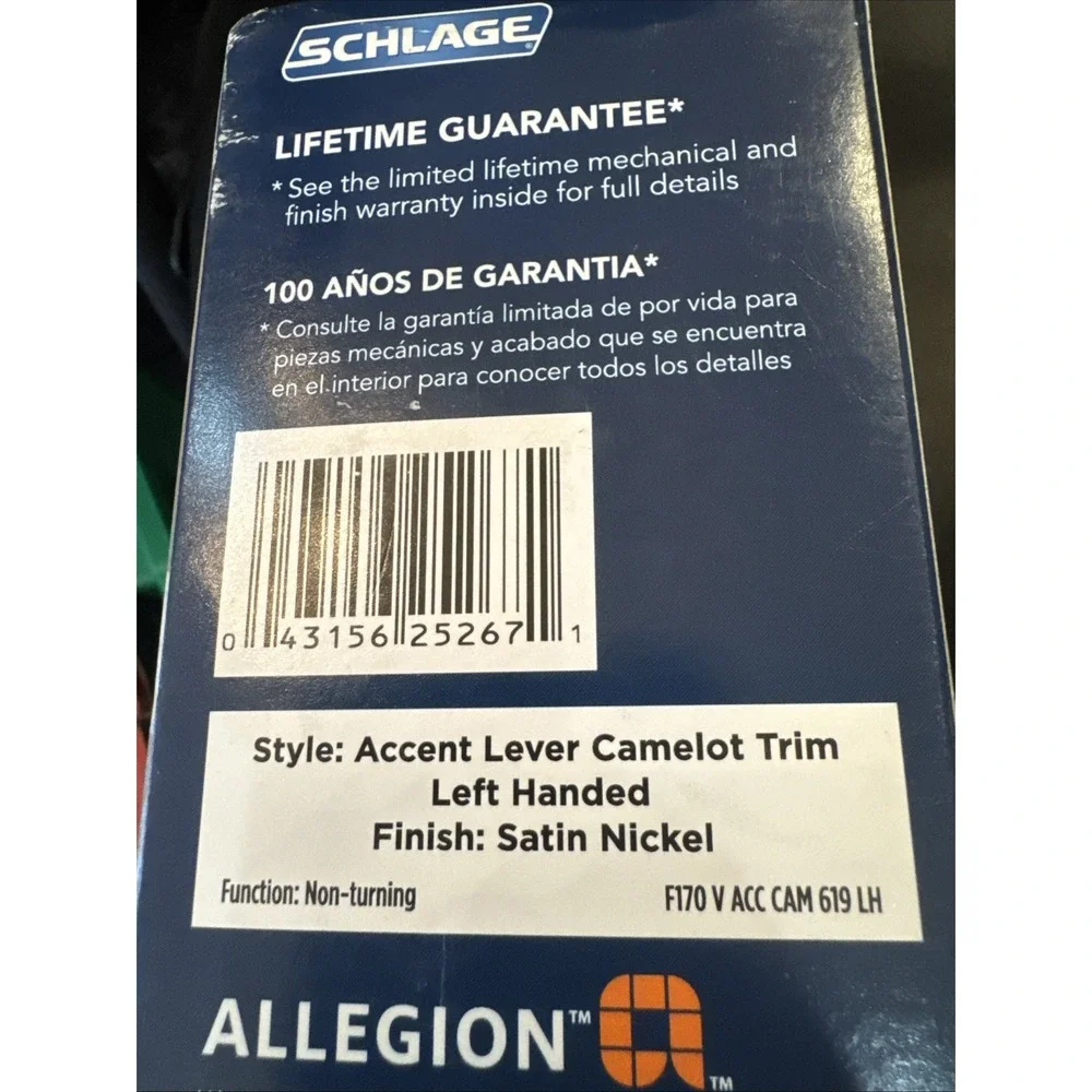 NEW Schlage F170 V ACC 619 CAM Left Hand Dummy Accent Door Lever w Camelot Trim